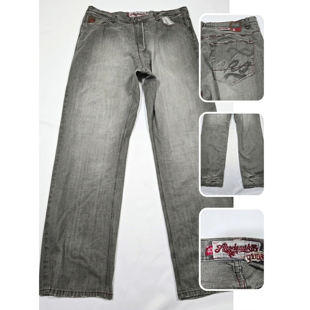Vintage Akademiks Jeans 40x32 Mens Gray Baggy Thrashed Skater Y2K Hip Hop Denim